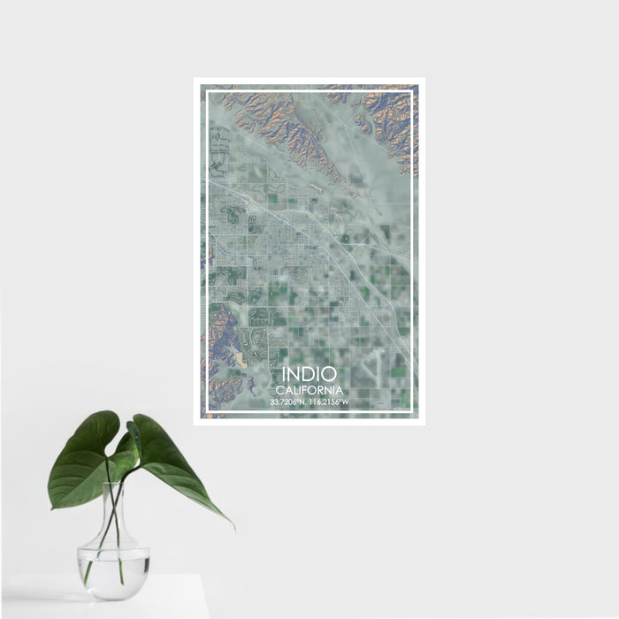 16x24 Indio California Map Print Portrait Orientation in Afternoon Style With Tropical Plant Leaves in Water