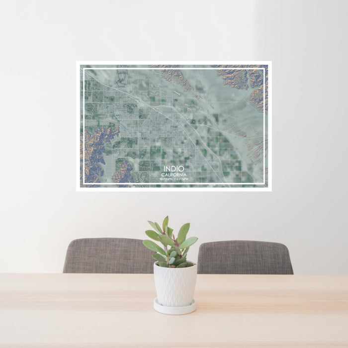 24x36 Indio California Map Print Lanscape Orientation in Afternoon Style Behind 2 Chairs Table and Potted Plant