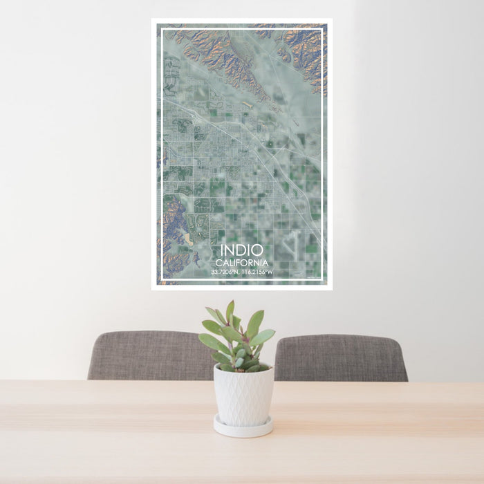 24x36 Indio California Map Print Portrait Orientation in Afternoon Style Behind 2 Chairs Table and Potted Plant
