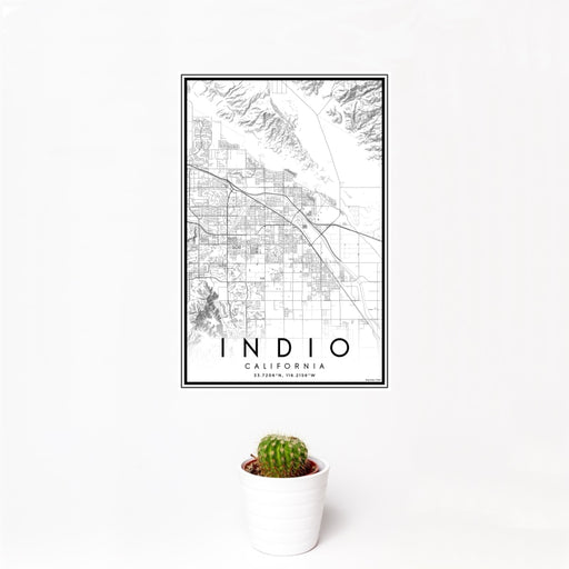 12x18 Indio California Map Print Portrait Orientation in Classic Style With Small Cactus Plant in White Planter