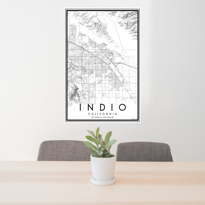 24x36 Indio California Map Print Portrait Orientation in Classic Style Behind 2 Chairs Table and Potted Plant