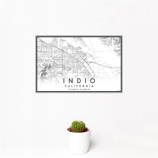 12x18 Indio California Map Print Landscape Orientation in Classic Style With Small Cactus Plant in White Planter