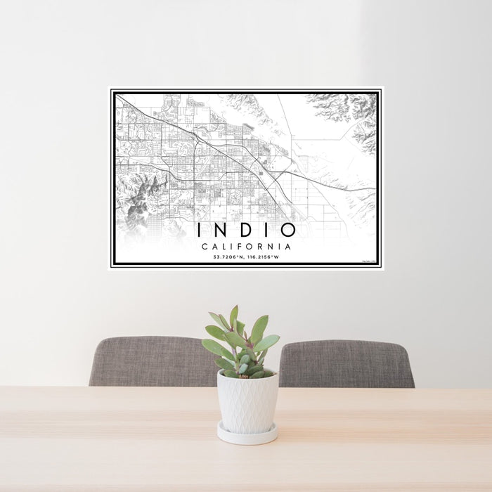 24x36 Indio California Map Print Landscape Orientation in Classic Style Behind 2 Chairs Table and Potted Plant