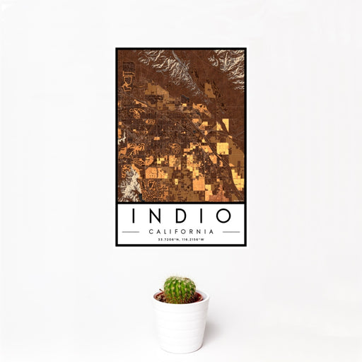 12x18 Indio California Map Print Portrait Orientation in Ember Style With Small Cactus Plant in White Planter