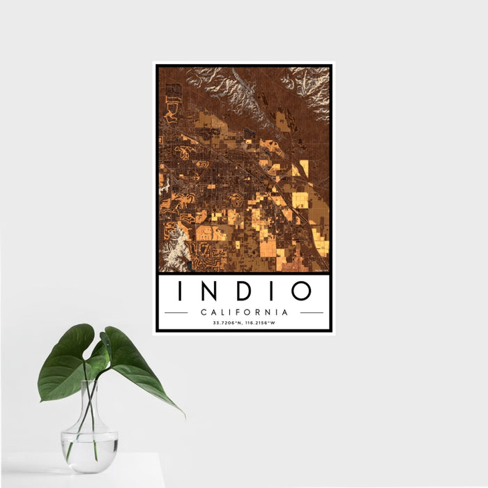 16x24 Indio California Map Print Portrait Orientation in Ember Style With Tropical Plant Leaves in Water