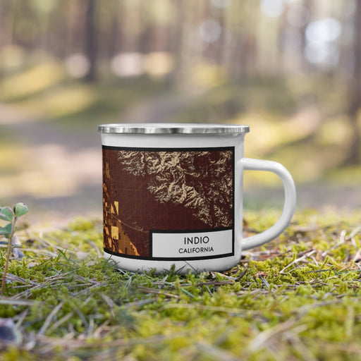 Right View Custom Indio California Map Enamel Mug in Ember on Grass With Trees in Background
