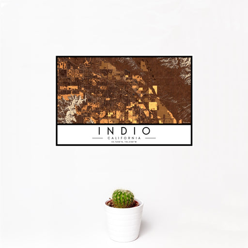 12x18 Indio California Map Print Landscape Orientation in Ember Style With Small Cactus Plant in White Planter