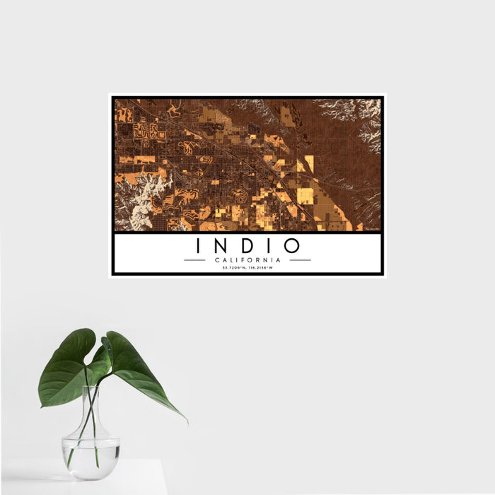 16x24 Indio California Map Print Landscape Orientation in Ember Style With Tropical Plant Leaves in Water