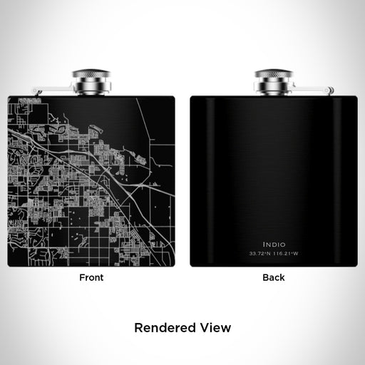 Rendered View of Indio California Map Engraving on 6oz Stainless Steel Flask in Black