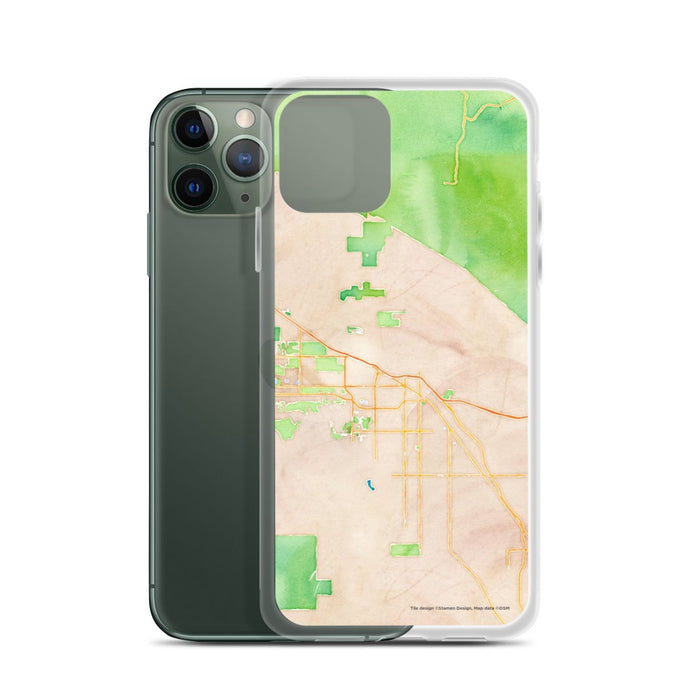 Custom Indio California Map Phone Case in Watercolor on Table with Laptop and Plant