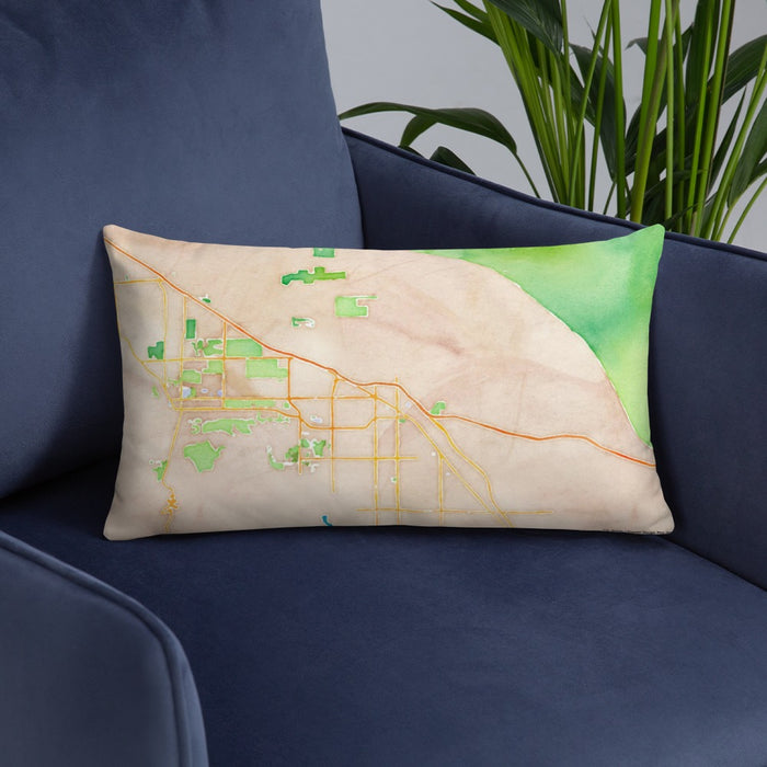 Custom Indio California Map Throw Pillow in Watercolor on Blue Colored Chair
