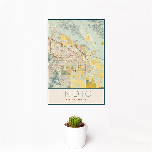 12x18 Indio California Map Print Portrait Orientation in Woodblock Style With Small Cactus Plant in White Planter