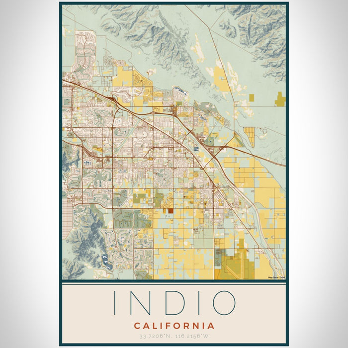 Indio California Map Print Portrait Orientation in Woodblock Style With Shaded Background