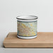 Front View Custom Indio California Map Enamel Mug in Woodblock on Cutting Board