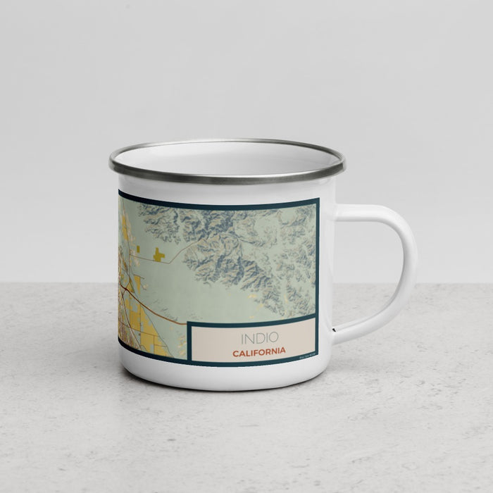 Right View Custom Indio California Map Enamel Mug in Woodblock