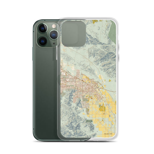 Custom Indio California Map Phone Case in Woodblock on Table with Laptop and Plant