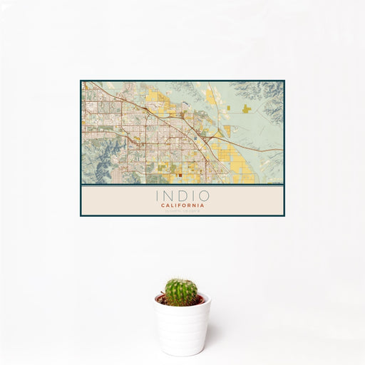12x18 Indio California Map Print Landscape Orientation in Woodblock Style With Small Cactus Plant in White Planter