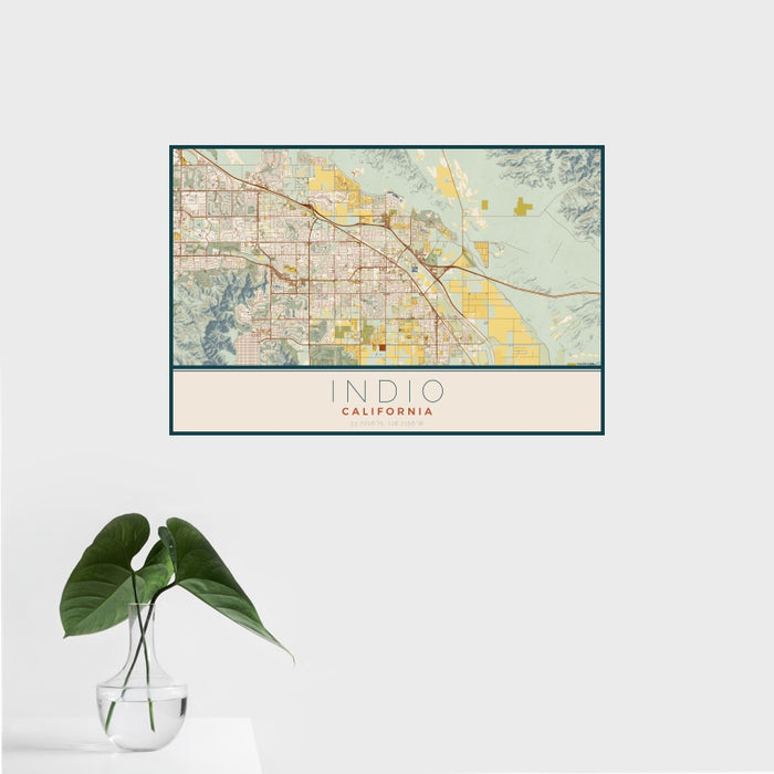 16x24 Indio California Map Print Landscape Orientation in Woodblock Style With Tropical Plant Leaves in Water