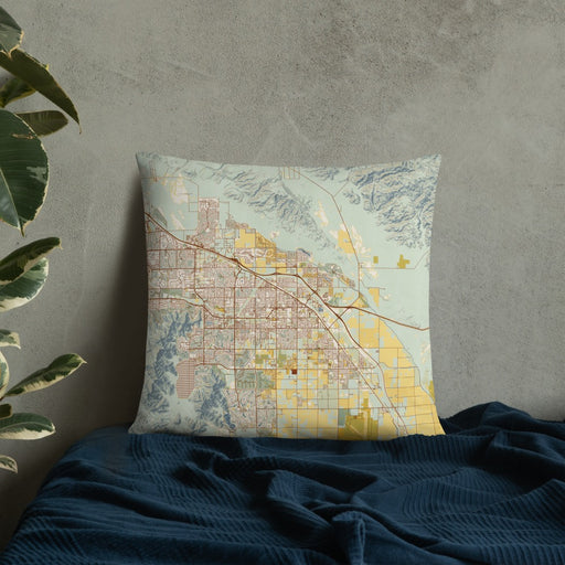 Custom Indio California Map Throw Pillow in Woodblock on Bedding Against Wall