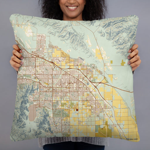 Person holding 22x22 Custom Indio California Map Throw Pillow in Woodblock