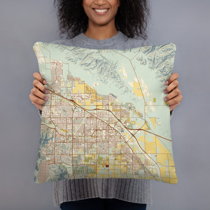 Person holding 18x18 Custom Indio California Map Throw Pillow in Woodblock