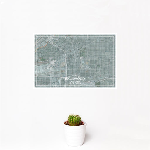 12x18 Inglewood California Map Print Landscape Orientation in Afternoon Style With Small Cactus Plant in White Planter