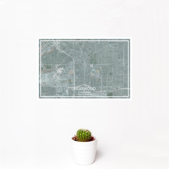 12x18 Inglewood California Map Print Landscape Orientation in Afternoon Style With Small Cactus Plant in White Planter