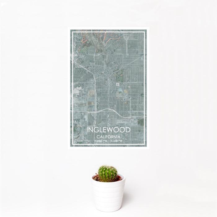 12x18 Inglewood California Map Print Portrait Orientation in Afternoon Style With Small Cactus Plant in White Planter
