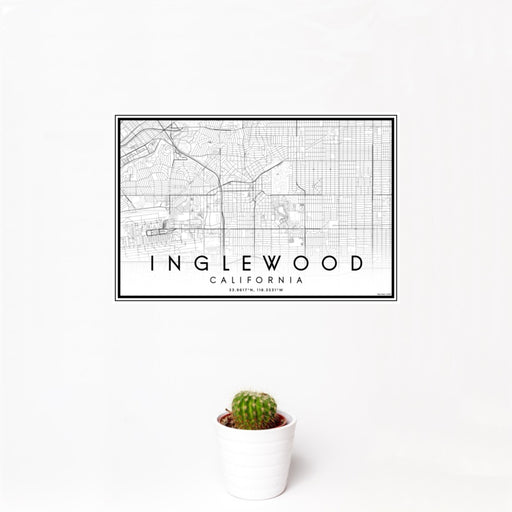 12x18 Inglewood California Map Print Landscape Orientation in Classic Style With Small Cactus Plant in White Planter