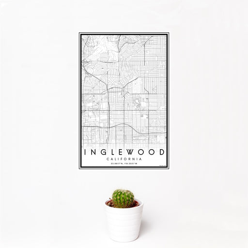 12x18 Inglewood California Map Print Portrait Orientation in Classic Style With Small Cactus Plant in White Planter