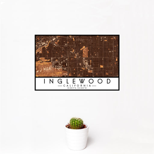 12x18 Inglewood California Map Print Landscape Orientation in Ember Style With Small Cactus Plant in White Planter