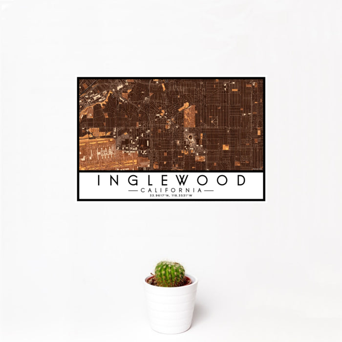 12x18 Inglewood California Map Print Landscape Orientation in Ember Style With Small Cactus Plant in White Planter