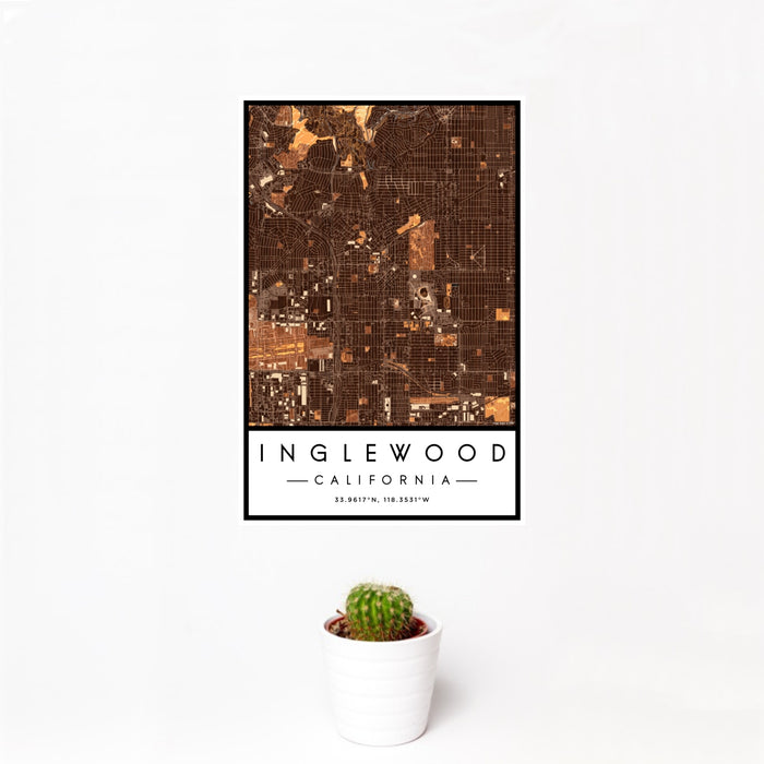 12x18 Inglewood California Map Print Portrait Orientation in Ember Style With Small Cactus Plant in White Planter