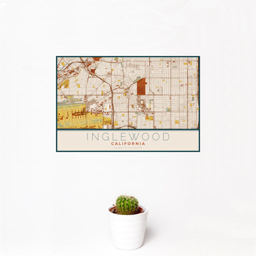 12x18 Inglewood California Map Print Landscape Orientation in Woodblock Style With Small Cactus Plant in White Planter