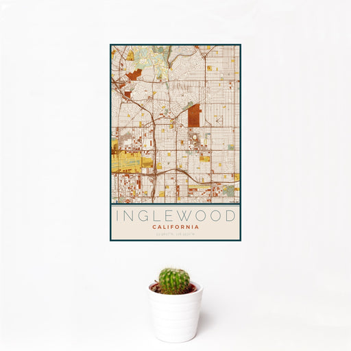12x18 Inglewood California Map Print Portrait Orientation in Woodblock Style With Small Cactus Plant in White Planter