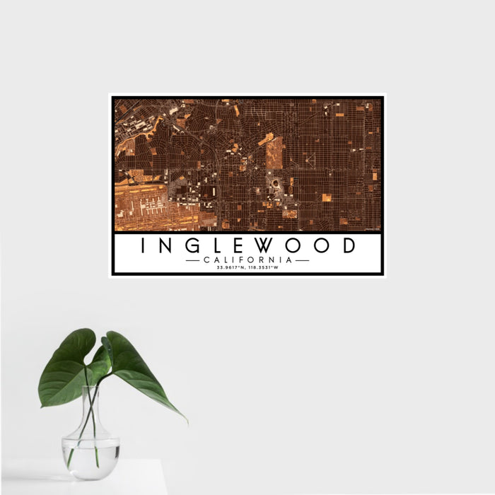 16x24 Inglewood California Map Print Landscape Orientation in Ember Style With Tropical Plant Leaves in Water