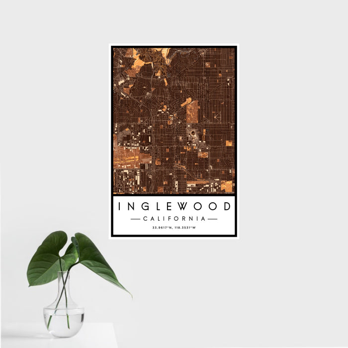 16x24 Inglewood California Map Print Portrait Orientation in Ember Style With Tropical Plant Leaves in Water