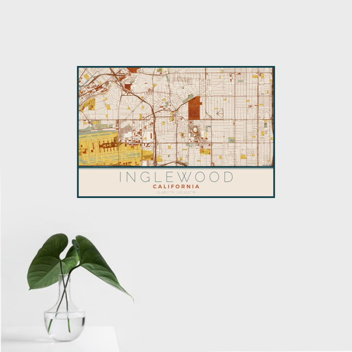 16x24 Inglewood California Map Print Landscape Orientation in Woodblock Style With Tropical Plant Leaves in Water