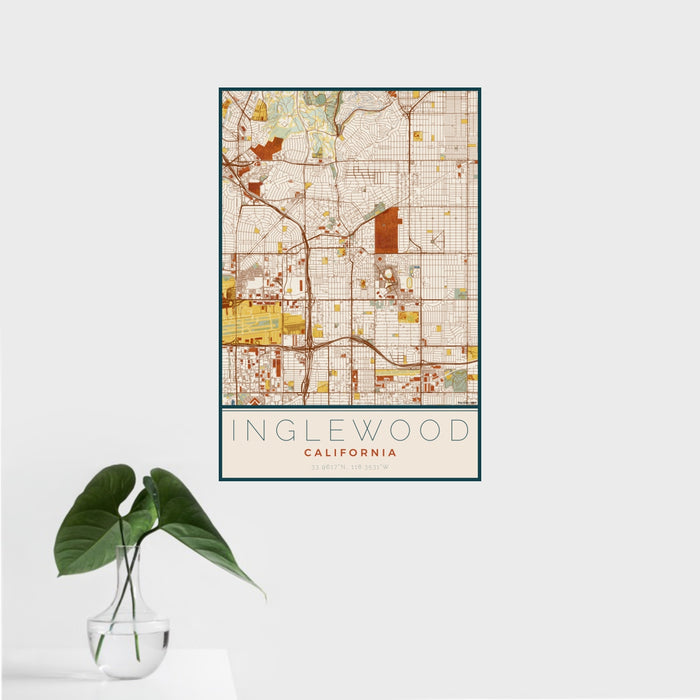 16x24 Inglewood California Map Print Portrait Orientation in Woodblock Style With Tropical Plant Leaves in Water