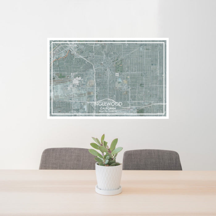 24x36 Inglewood California Map Print Lanscape Orientation in Afternoon Style Behind 2 Chairs Table and Potted Plant