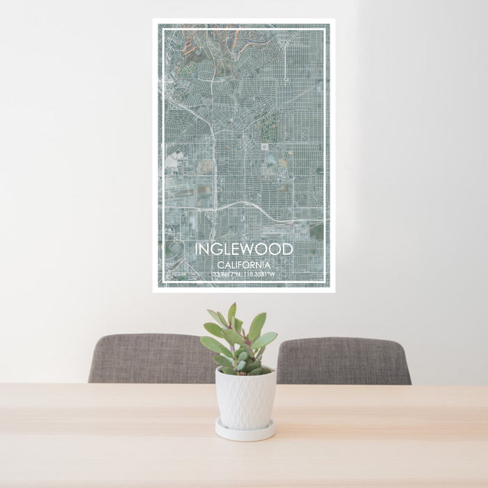 24x36 Inglewood California Map Print Portrait Orientation in Afternoon Style Behind 2 Chairs Table and Potted Plant