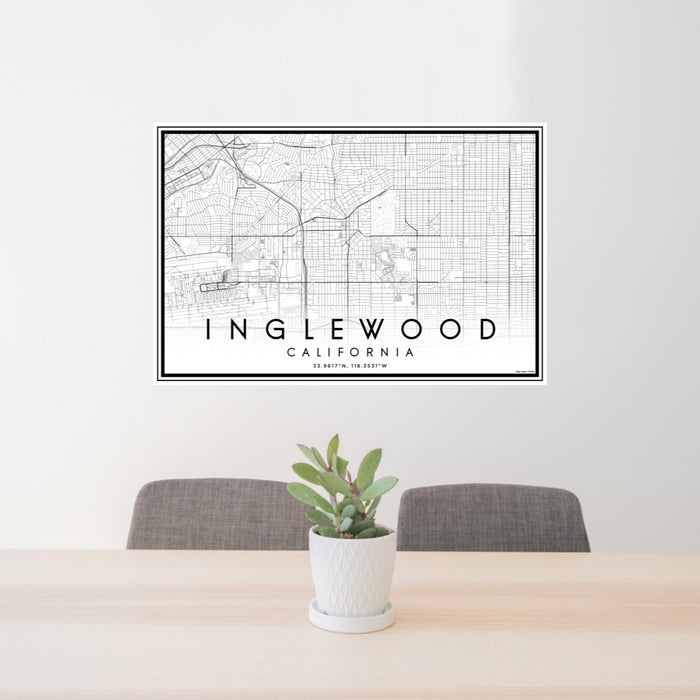 24x36 Inglewood California Map Print Lanscape Orientation in Classic Style Behind 2 Chairs Table and Potted Plant