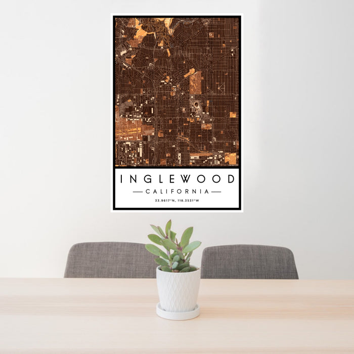 24x36 Inglewood California Map Print Portrait Orientation in Ember Style Behind 2 Chairs Table and Potted Plant