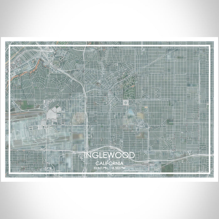 Inglewood California Map Print Landscape Orientation in Afternoon Style With Shaded Background
