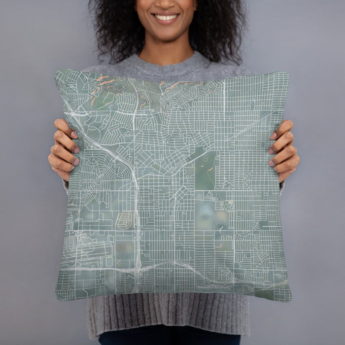 Person holding 18x18 Custom Inglewood California Map Throw Pillow in Afternoon