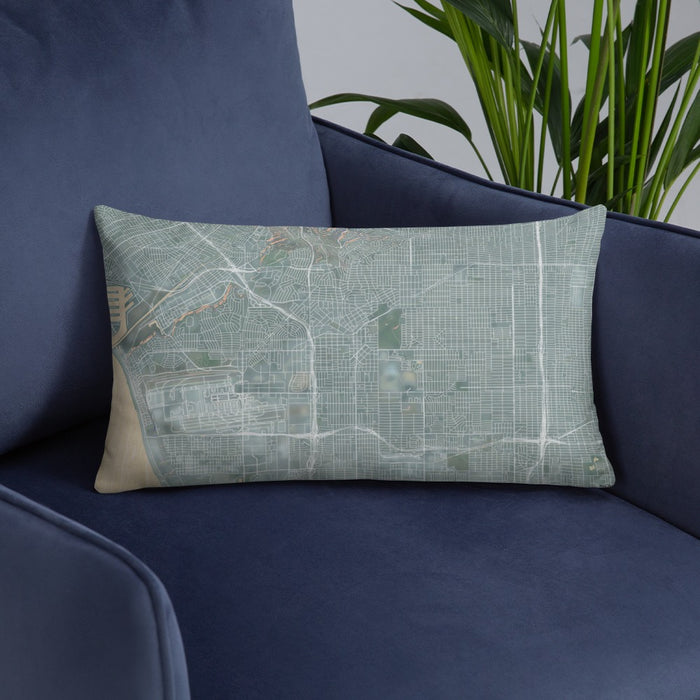 Custom Inglewood California Map Throw Pillow in Afternoon on Blue Colored Chair