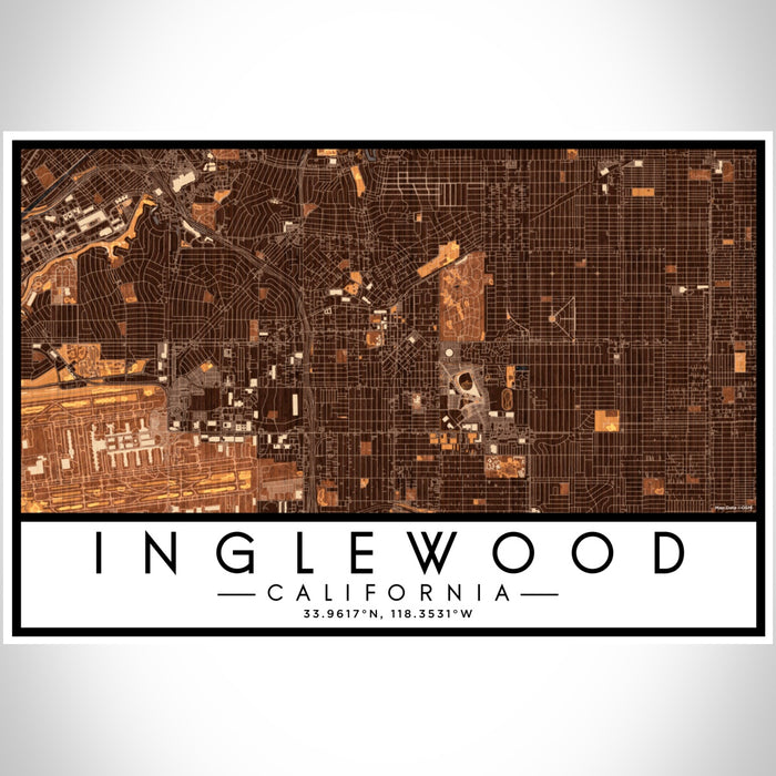 Inglewood California Map Print Landscape Orientation in Ember Style With Shaded Background