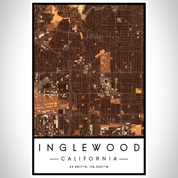 Inglewood California Map Print Portrait Orientation in Ember Style With Shaded Background