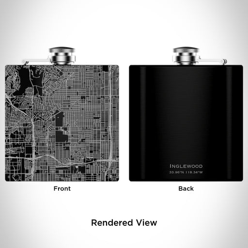 Rendered View of Inglewood California Map Engraving on 6oz Stainless Steel Flask in Black