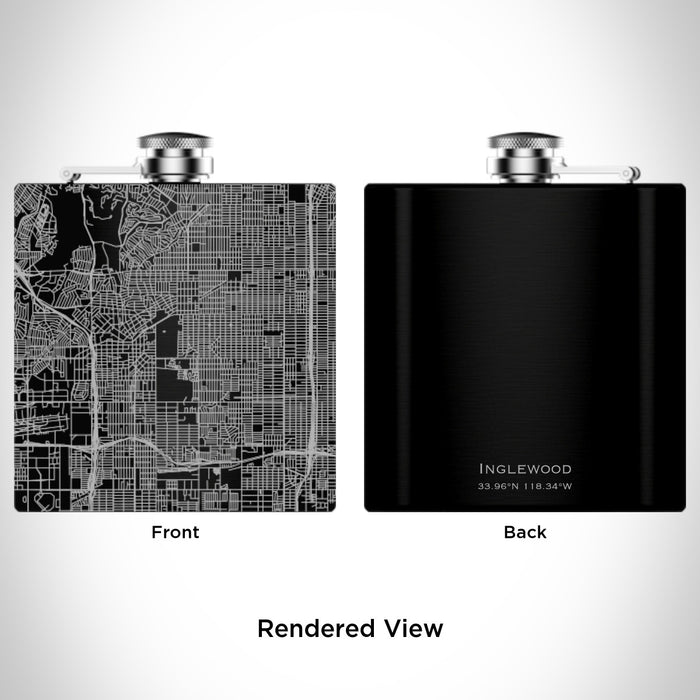 Rendered View of Inglewood California Map Engraving on 6oz Stainless Steel Flask in Black
